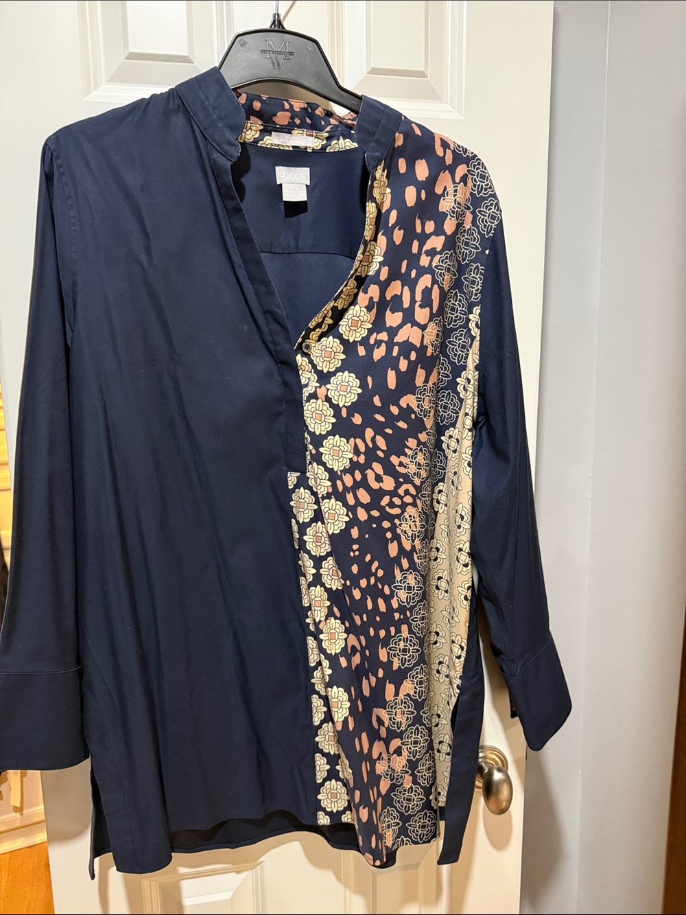 Chico's Navy Mixed-Panel Floral & Spot Tunic